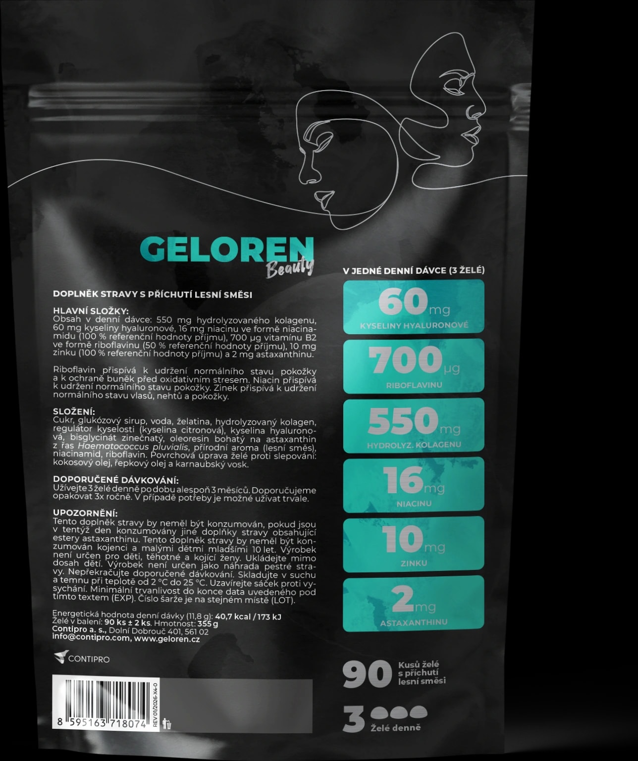 Back of the Geloren Beauty pack with composition and dosage
